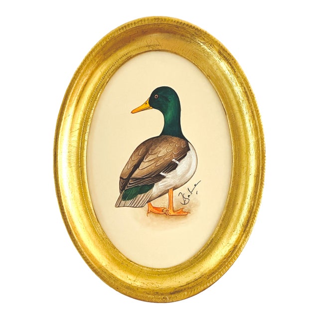 Original Hand-Painted Mallard Miniature Painting in an Italian Vintage Frame For Sale