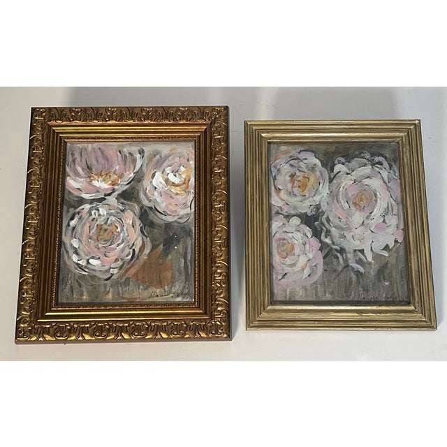 Charming pair of abstract floral pink Roses paintings- acrylic on paper, signed by the artist and framed with n vintage...
