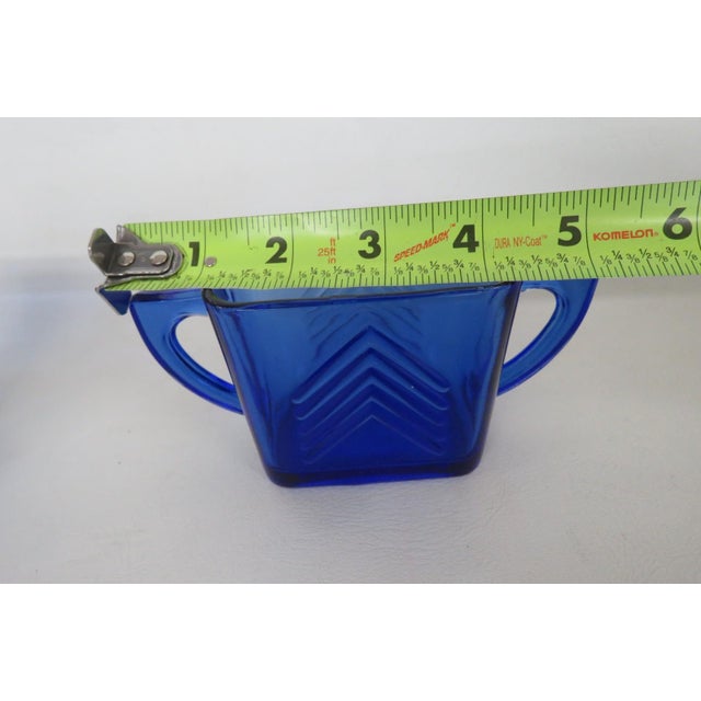 Mid 20th Century Hazel Atlas Cobalt Blue Glass Sugar Bowl and Creamer Set Chevron Pattern For Sale - Image 12 of 14