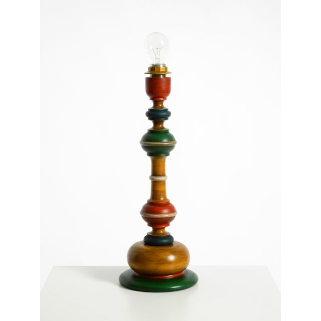Beautiful, large 1980s table lamp made of colorfully stained pine wood. Features a fantastic, quintessential 1980s...
