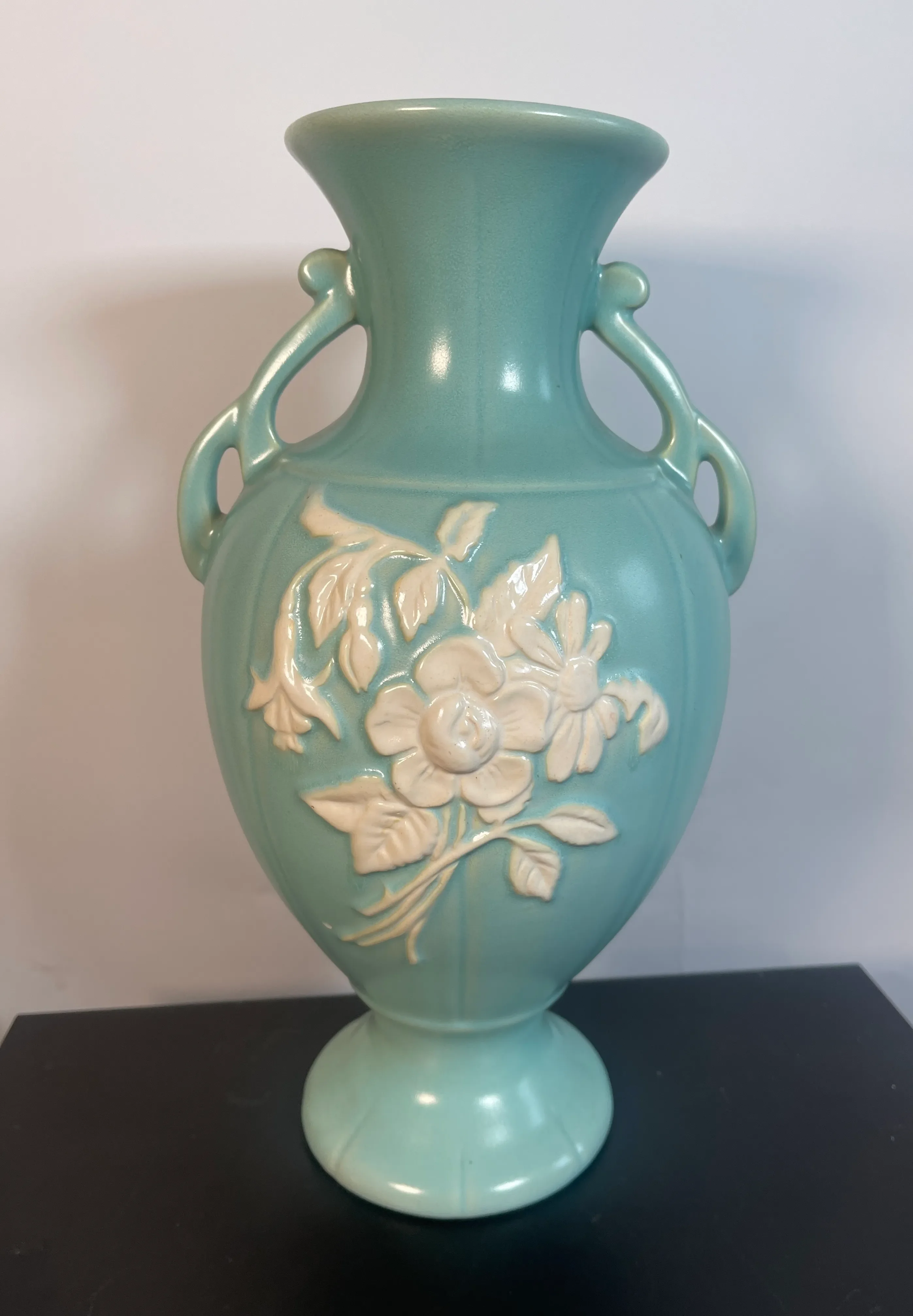 1930s Weller Pottery Aqua Vase Signed Cameo Rose | Chairish
