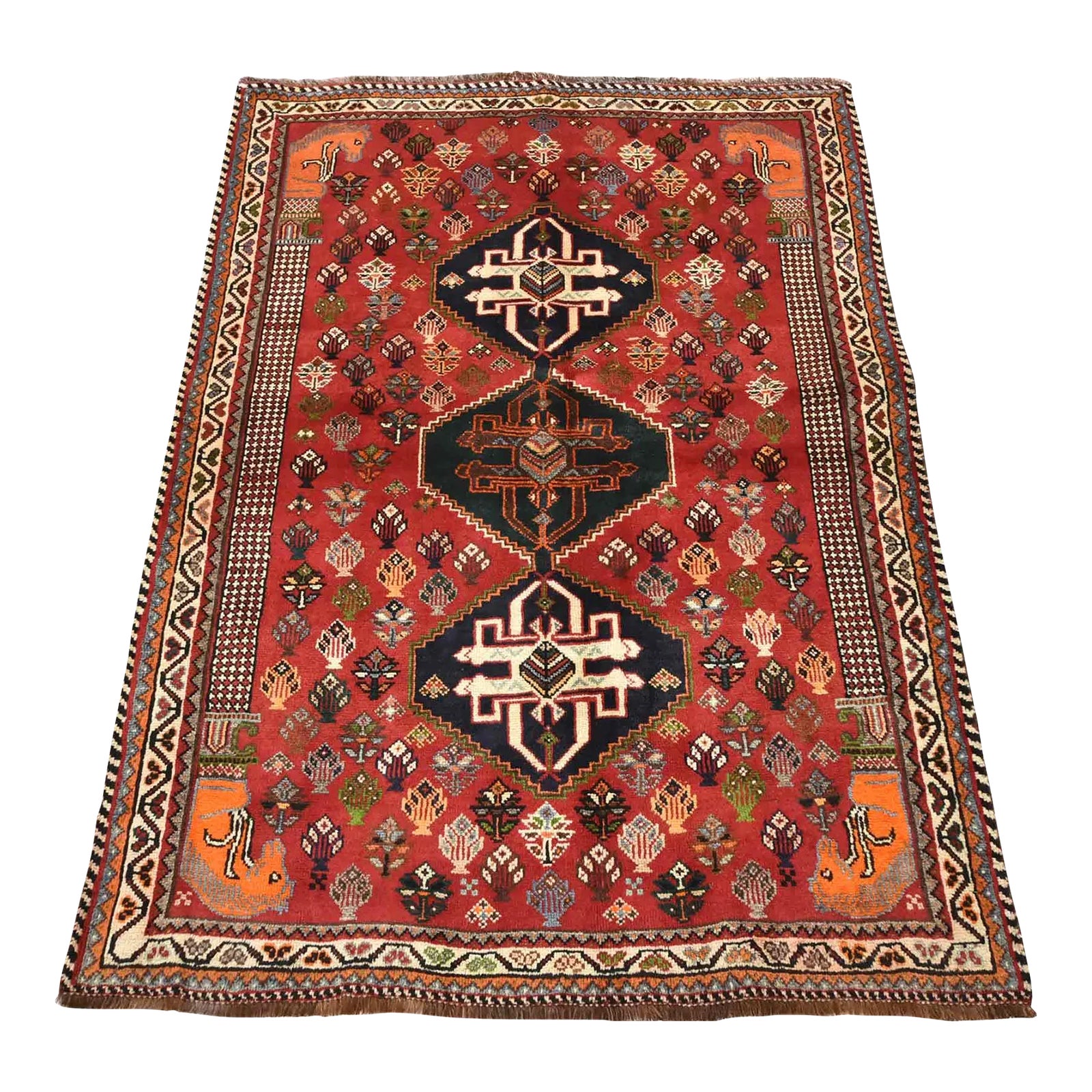 Qashqai Rug 3'9'' X 5'2'' Red Wool Vintage Tribal Hand-Knotted