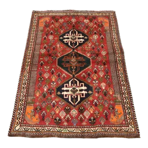 Qashqai Rug 3'9'' X 5'2'' Red Wool Vintage Tribal Hand-Knotted Oriental Carpet