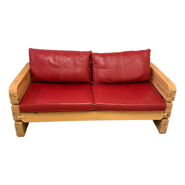 Wood and Red Leather Sofa from Sprenger Möbel, Switzerland, 2000s For Sale
