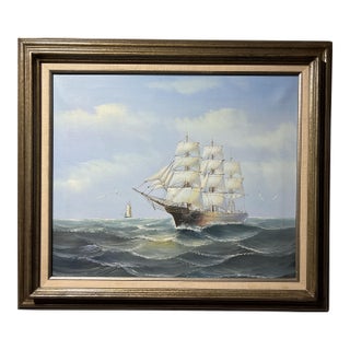 Original Oil Painting on Canvas, Seascape, Sailing Ship in the Ocean, Framed For Sale