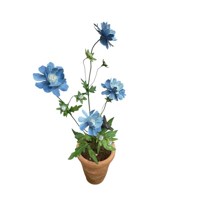 Charming Faux Blue Botanical Study in Terracotta Pot For Sale - Image 4 of 7