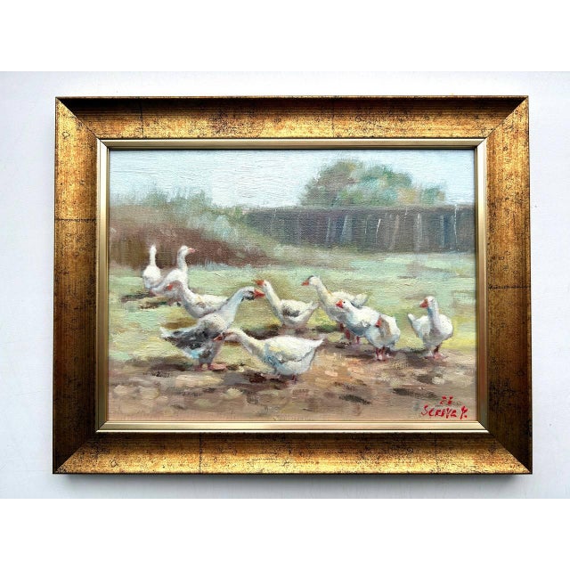 Green Framed Goose Original Painting Summer Landscape For Sale - Image 8 of 15