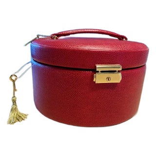 Vintage Wolf Leather Jewelry Box, Pebbled Red, Brand New, British Luxury, Lock & Key, Mirror For Sale