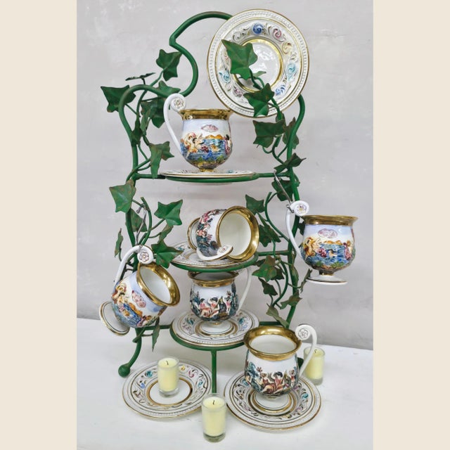 1950s Vintage Porcelain Tea Cup & Saucer Set Hand-Painted White, Gold & Jewel Tones- 12 Pieces For Sale - Image 10 of 18