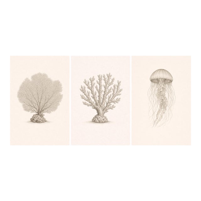 Coastal Sea Life Study Collection, Minimal Botanical & Shell Art Prints, 24" × 36" (Set of 3) For Sale