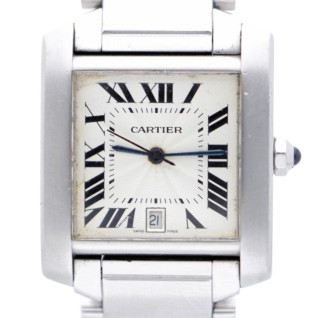 Contemporary 1990s Cartier Tank Francaise 2302 Large Steel Guilloche Roman Dial Blue Hands Watch For Sale - Image 3 of 12