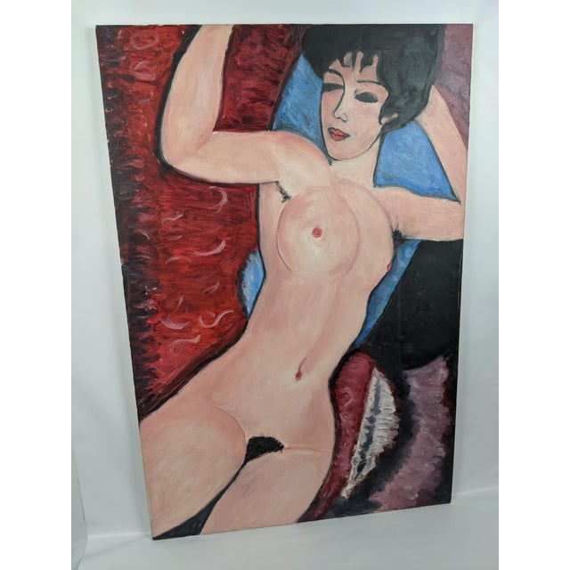 Large Modernist Reclining Female Nude Original Oil Painting on Canvas, Mid-20th Century For Sale - Image 9 of 13