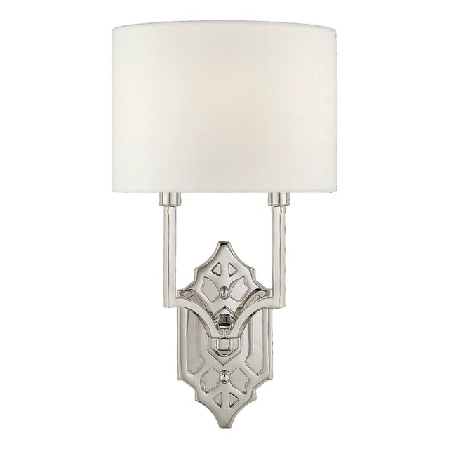Silhouette Fretwork Sconce in Polished Nickel with Linen Shade Designer: Thomas O'Brien Finish: Polished Nickel Height:...