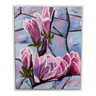 Modern Abstract Floral Acrylic Painting on Canvas, Signed, Framed, Dated For Sale