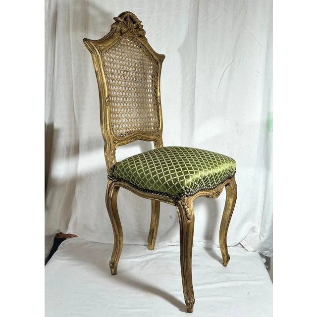 Early 20th Century Rococo Style Giltwood Cane Chair With Upholstered Seat, Side Chair For Sale - Image 5 of 12