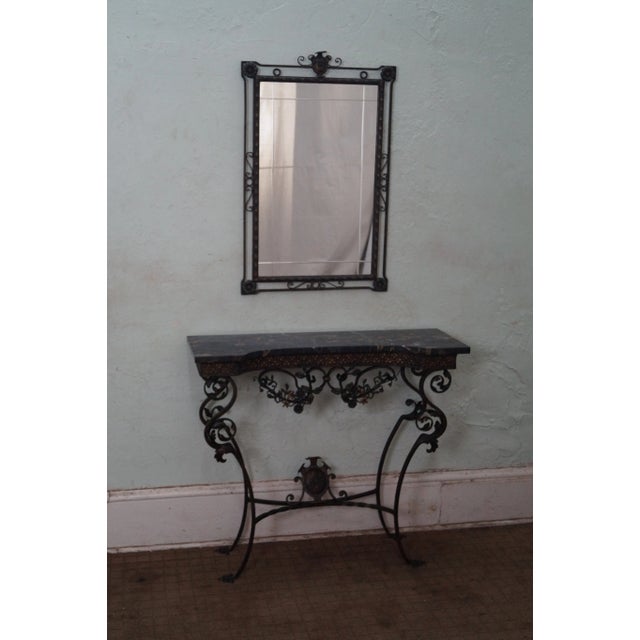 Antique marble and cast iron console table with mirror Unsigned, but of the time period and quality of Oscar Bach....