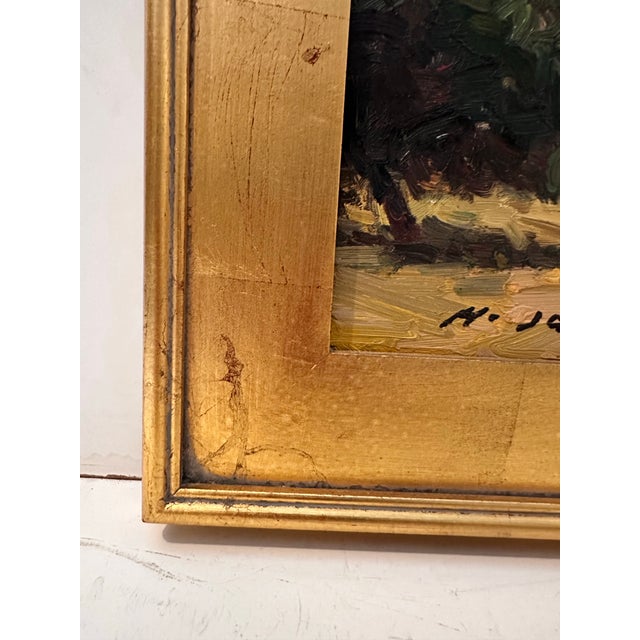 This serene oil landscape by M. Jacob captures the quiet beauty of rolling countryside under a soft, distant horizon. The...