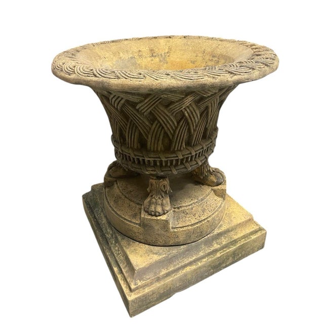 1980s 1980s Pair of Mid-Century Neoclassical Cast Stone "Basketweave" Planters on Lion Paw Feet For Sale - Image 5 of 10