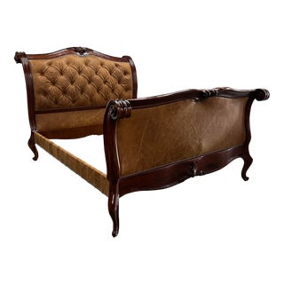 Ralph Lauren Apt No. 1 Button Tuft Distress Brown Leather Scrolled Mahogany Queen Sleigh Bed For Sale