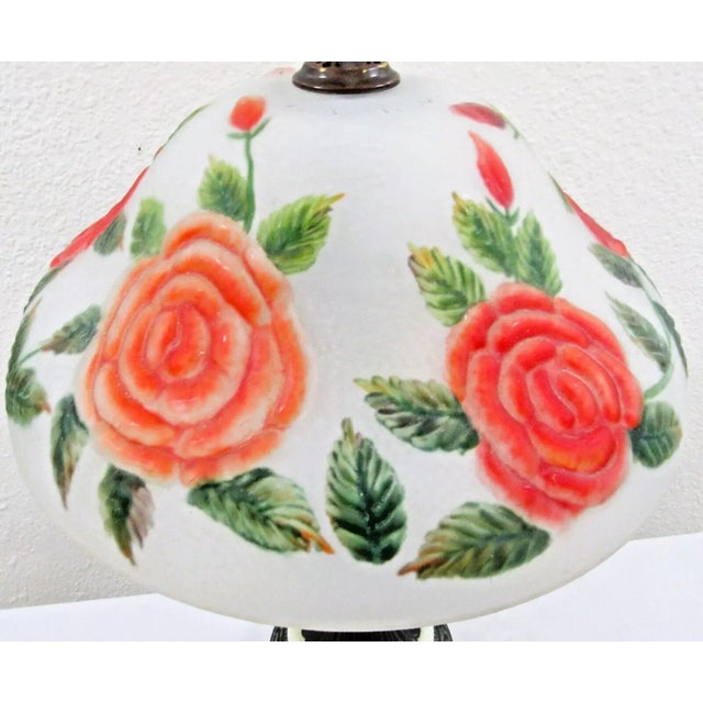 1940s Vintage Hand Blown Reverse Painted Glass Table Lamp Bronzed Metal With Onyx Base For Sale - Image 5 of 12