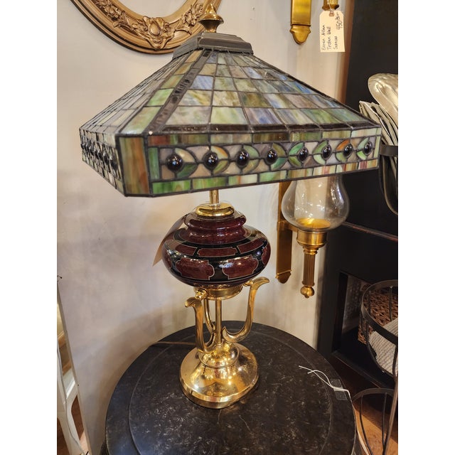 Arts & Crafts 1970s Unique Mission Style Stained Glass Lamp With Pyramid Shade For Sale - Image 3 of 4
