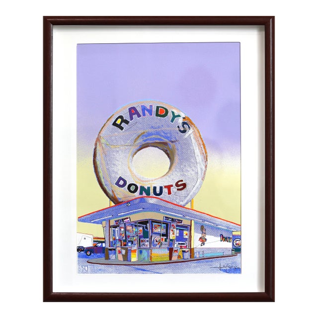 Giant Donut in Inglewood (Blue) - Framed Original Purple Pop Art Mixed Media Work on Paper by Fabio Coruzzi For Sale