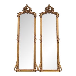 Late 20th Artisan Rococo Gold Wood Floor Mirror Pair For Sale
