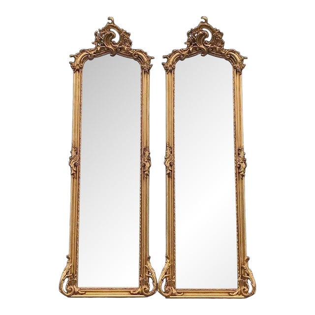 Late 20th Artisan Rococo Gold Wood Floor Mirror Pair For Sale