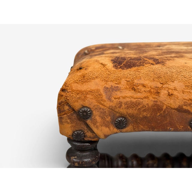 Wood Baroque, Small Footstool, Leather, Turned Walnut, 19th C. For Sale - Image 7 of 12