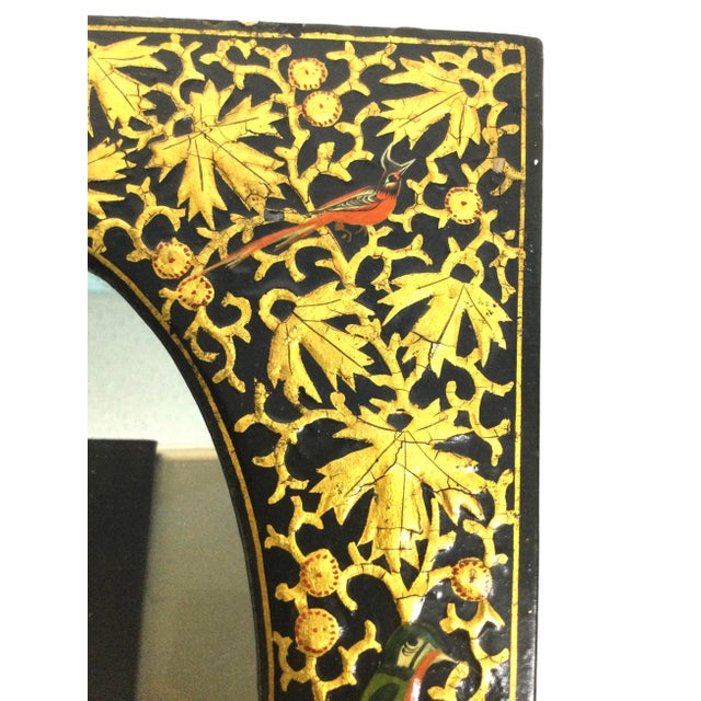 Tribal Antique Kashmir Gold Vermilion Hand Painted Over Black Lacquer Mirror For Sale - Image 3 of 12