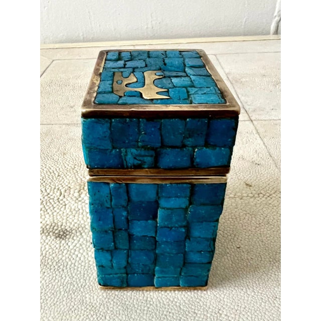 Turquoise Handwrought Mid-Century Modern Mexican Mosaic and Brass Box by Salvador Teran For Sale - Image 8 of 11