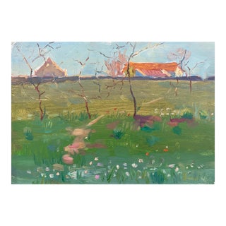 1960s Rural Landscape Impressionism Oil Painting Original Soviet Art Ukrainian Artist Sokolovsky G 23-33 1950s For Sale
