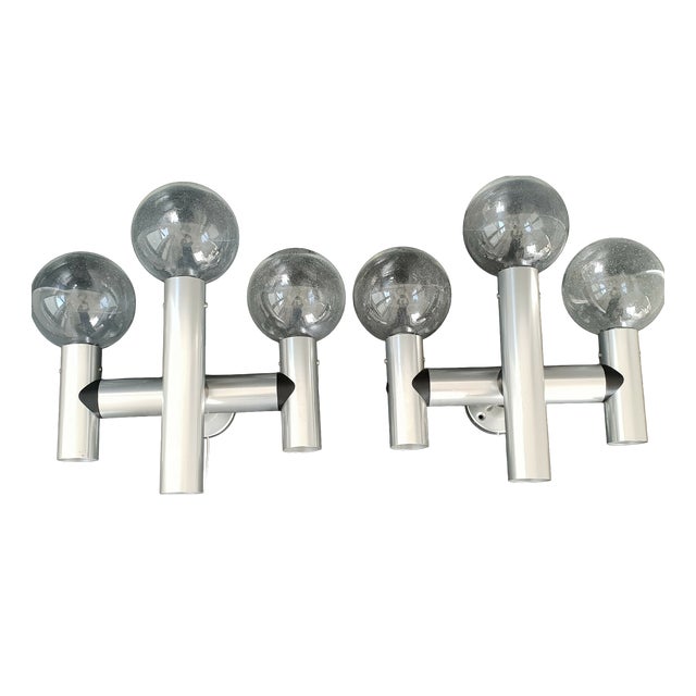 Vintage Space Age Wall Lights in Brushed Steel and Glass, 1970s, Set of 2 For Sale