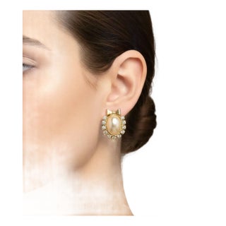1980s Gilted Metal Rhinestones and Faux Pearls Italian Ribbon Clip-on Earrings For Sale