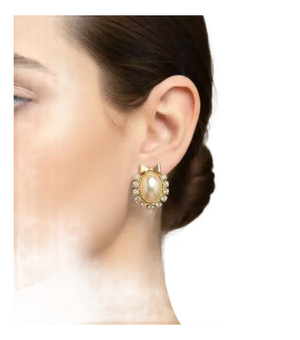 1980s Gilted Metal Rhinestones and Faux Pearls Italian Ribbon Clip-on Earrings