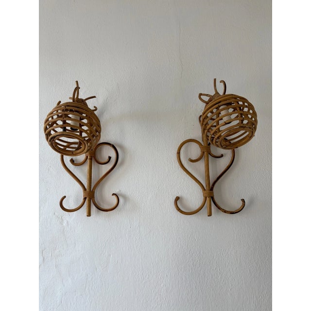 Mid-Century Modern Midcentury Rattan Bamboo Lantern Pair Louis Sognot Style Italy 1960 For Sale - Image 3 of 11