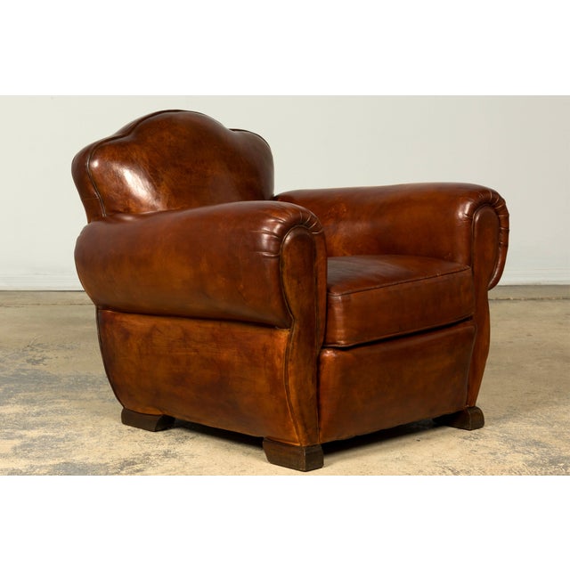 Brown 1940s French Art Deco Cognac Leather Club Chairs, Pair For Sale - Image 8 of 18