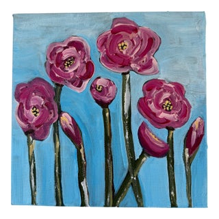 Modern Abstract Floral Acrylic Painting on Canvas, Signed, Framed, Dated For Sale