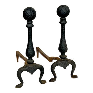 Pair of Vintage Hammered Cast Iron Andirons For Sale
