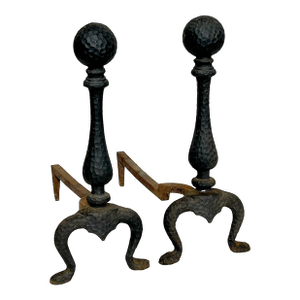 Pair of Vintage Hammered Cast Iron Andirons