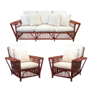 Vintage Palecek President's Sofa & Chair 3 Piece Rattan Patio Sofa & Chair Set For Sale