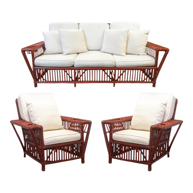 Vintage Palecek President's Sofa & Chair 3 Piece Rattan Patio Sofa & Chair Set For Sale