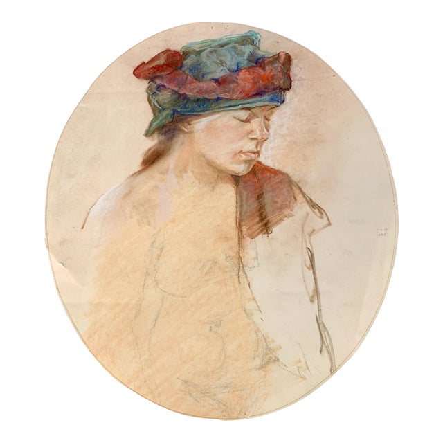 Vintage Portrait in Pastel Woman in Headdress Painting French Look Judy Horowitz For Sale