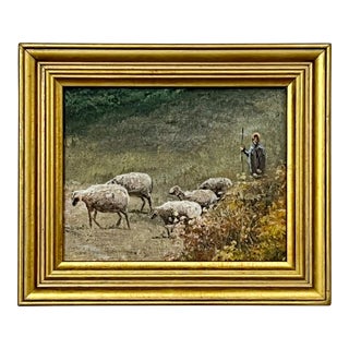 Vintage Mini Selection Painting of Shepherdess and Sheep For Sale