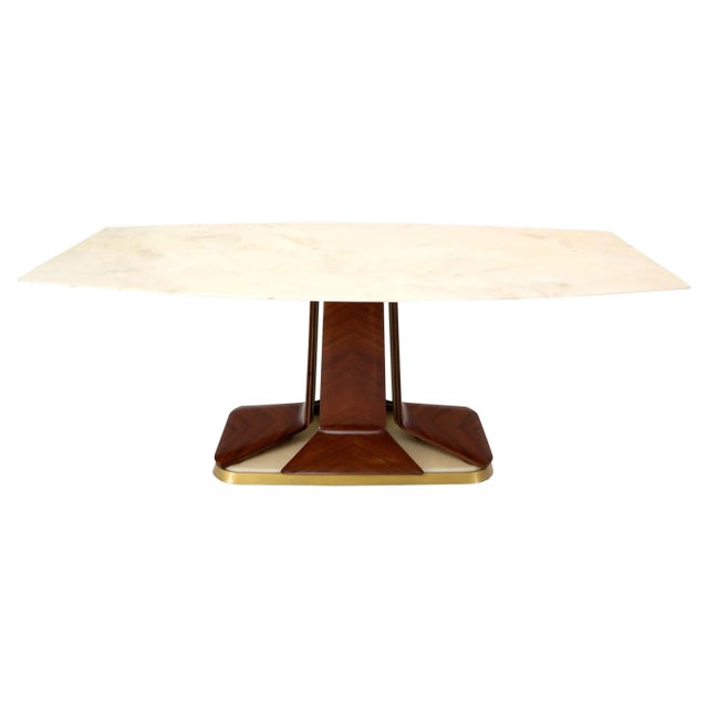 Boat Shape Light Beige Marble Top Bent Satinwood Base Art Deco Dining Table For Sale - Image 13 of 13