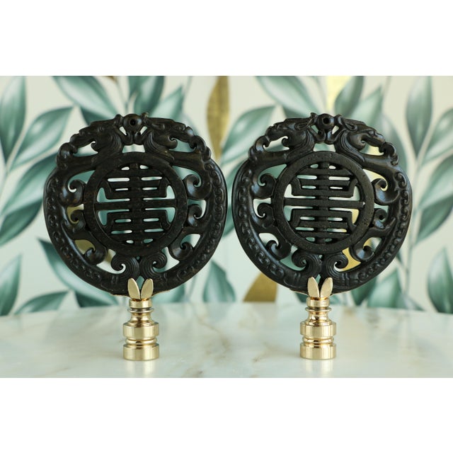 Longevity Symbol Carved Stone Lamp Finials on Golden Brass Hardware - A Pair For Sale - Image 4 of 10
