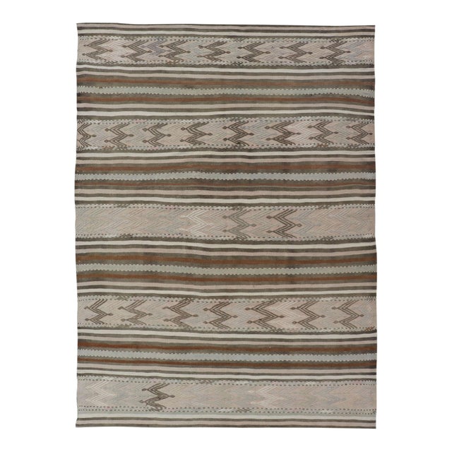 Turkish Flat-Weave Kilim in Muted Colors With Stripes and Embroideries For Sale