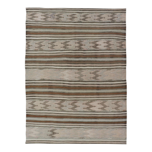 Turkish Flat-Weave Kilim in Muted Colors With Stripes and Embroideries