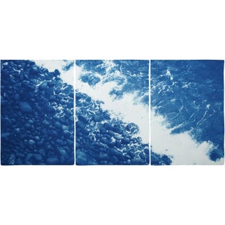 2020 Multi Paneled Seascape of British Pebble Beach Rocky Beach Landscape Print on Watercolor Paper Blue and White Cyanotype - Set of 3 For Sale
