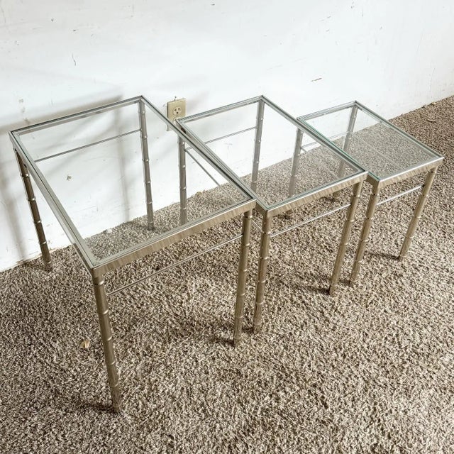 1970s Mid Century Modern Chrome Faux Bamboo Glass Top Nesting Tables - Set of 3 For Sale - Image 5 of 7